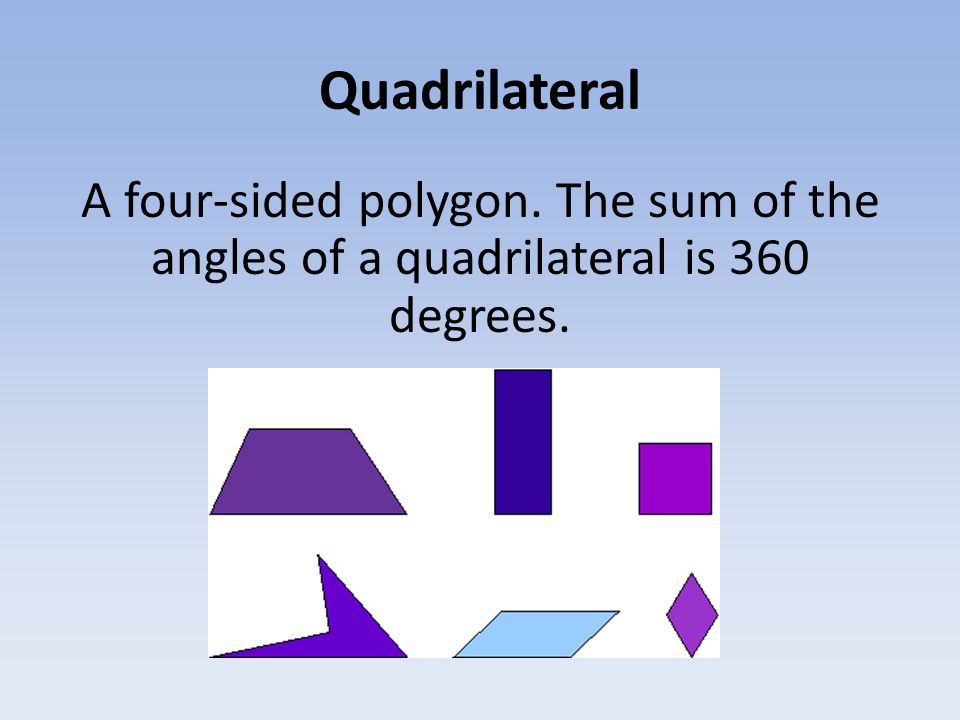 Quadrilateral A four-sided polygon. The sum of the angles of a quadrilateral is 360 degrees.