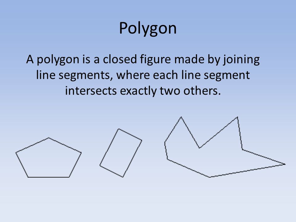 A polygon is a closed figure made by joining line segments, where each line segment intersects exactly two others.