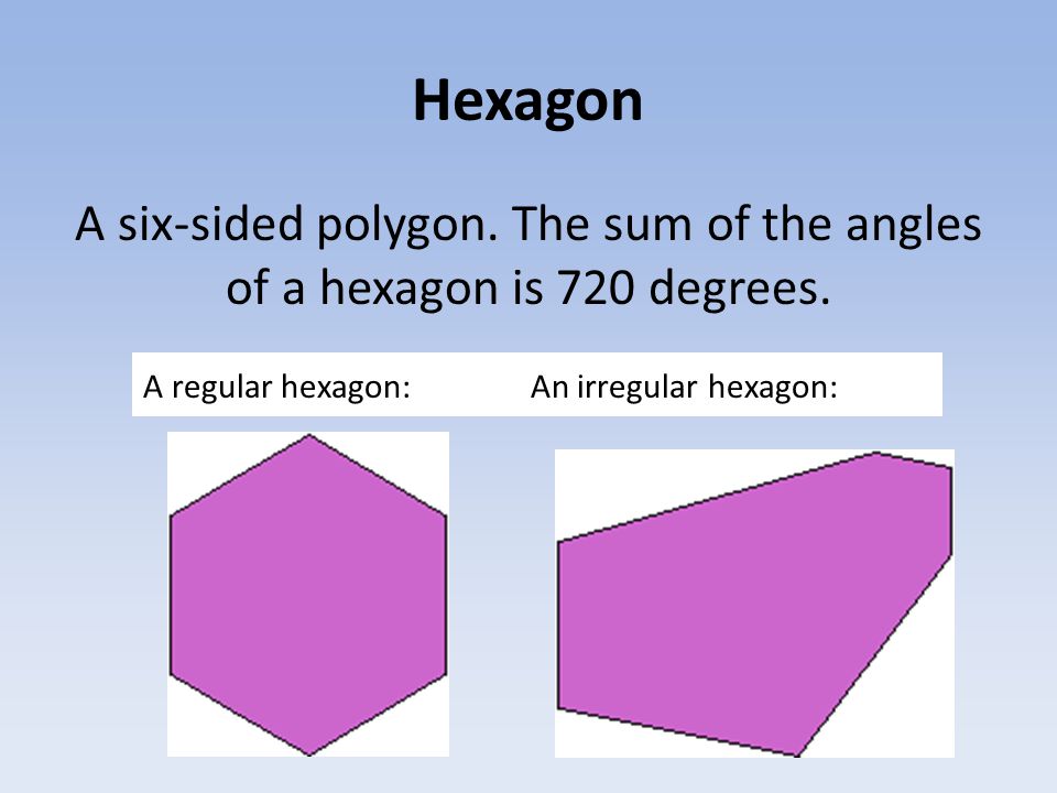 Hexagon A six-sided polygon. The sum of the angles of a hexagon is 720 degrees.