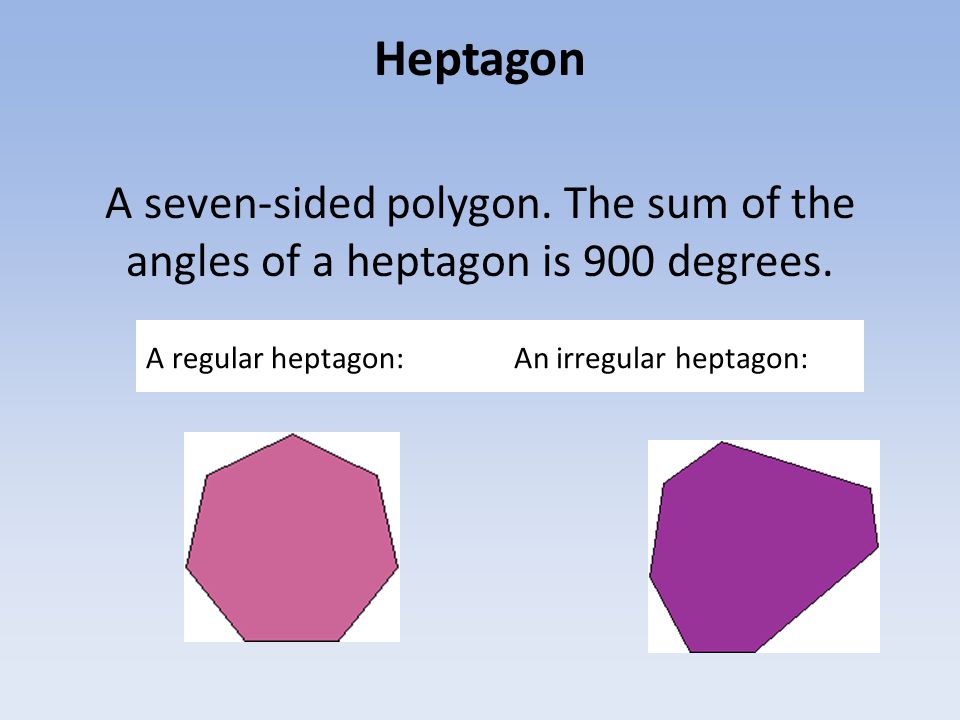 Heptagon A seven-sided polygon. The sum of the angles of a heptagon is 900 degrees.