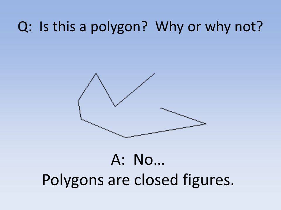 Q: Is this a polygon Why or why not A: No… Polygons are closed figures.