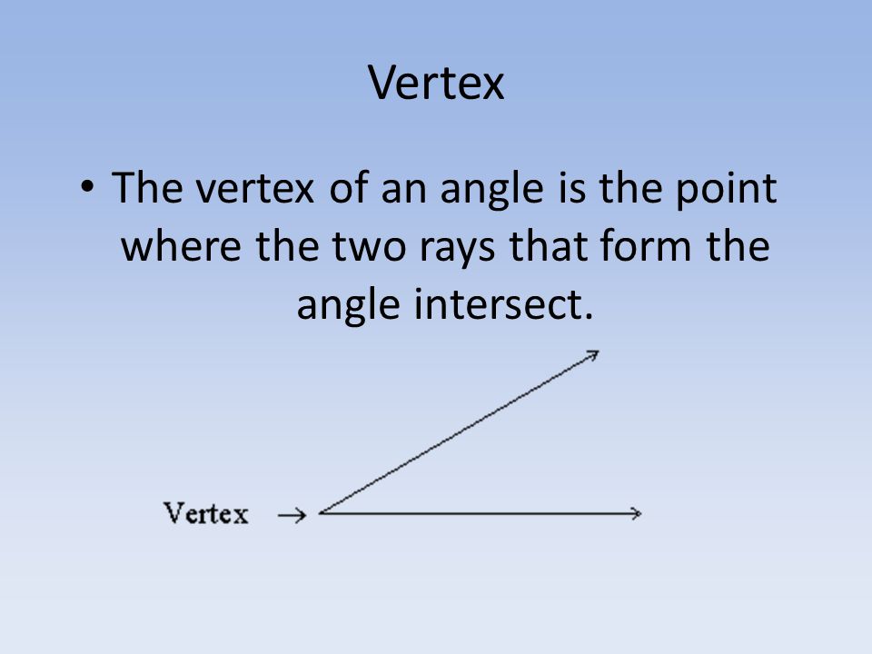 Vertex The vertex of an angle is the point where the two rays that form the angle intersect.