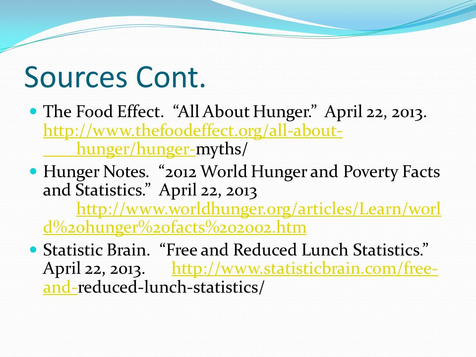 Sources Cont. The Food Effect. All About Hunger. April 22,