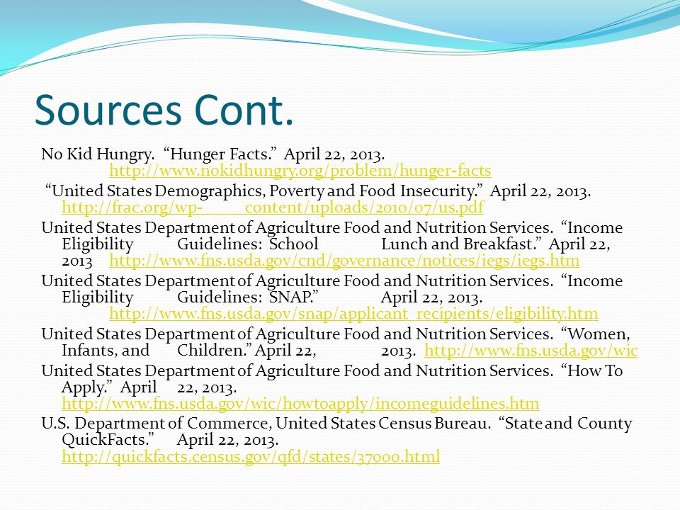 Sources Cont. No Kid Hungry. Hunger Facts. April 22,
