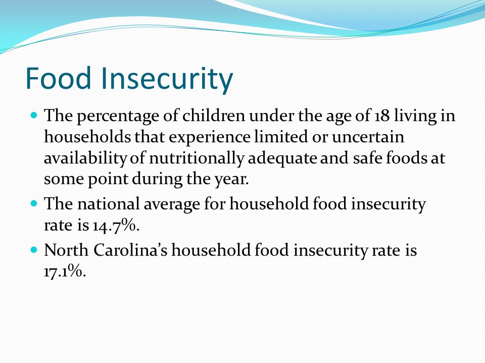 Food Insecurity The percentage of children under the age of 18 living in households that experience limited or uncertain availability of nutritionally adequate and safe foods at some point during the year.