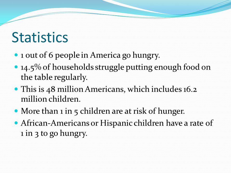 Statistics 1 out of 6 people in America go hungry.