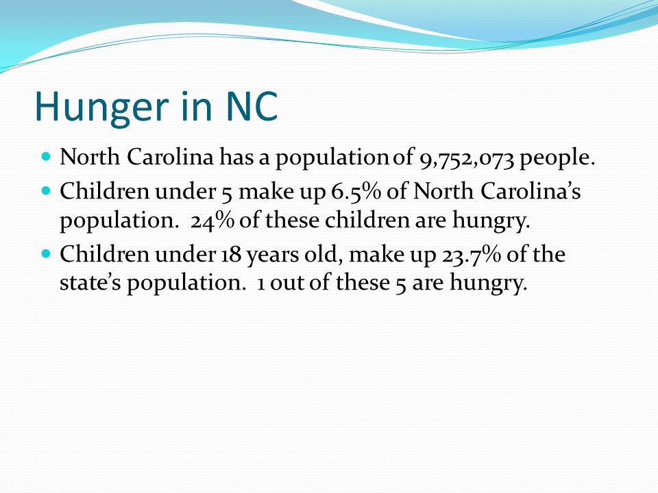 Hunger in NC North Carolina has a population of 9,752,073 people.