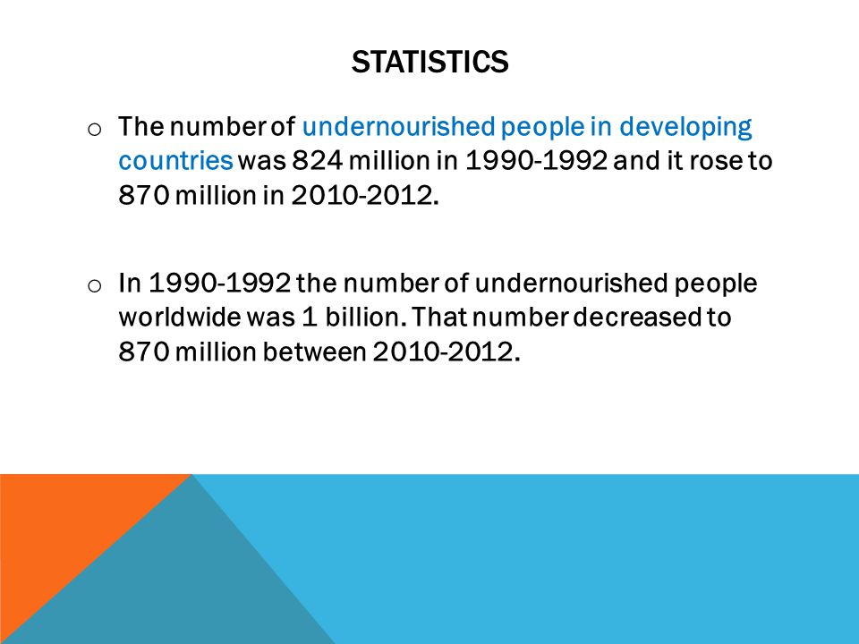 STATISTICS o The number of undernourished people in developing countries was 824 million in and it rose to 870 million in