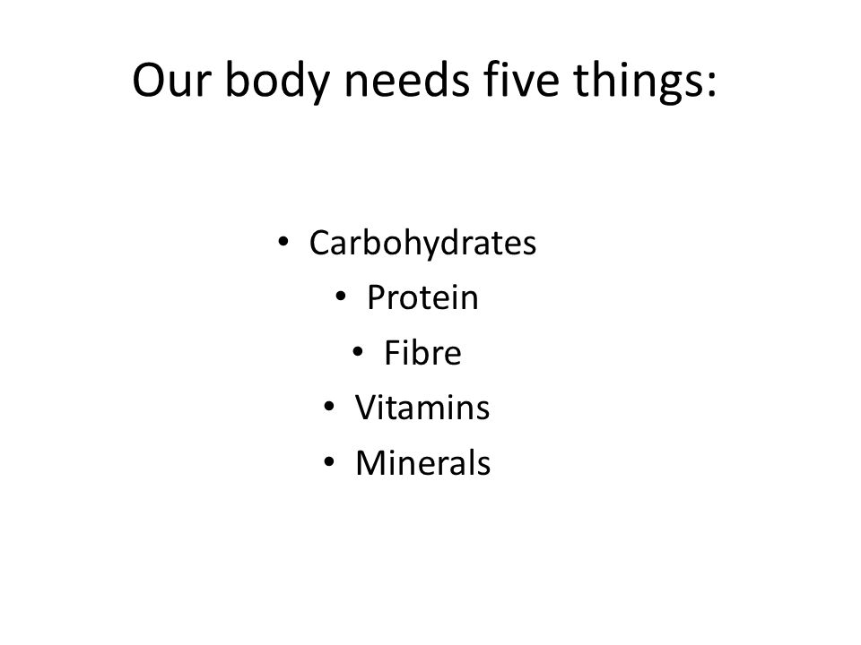 Our body needs five things: Carbohydrates Protein Fibre Vitamins Minerals