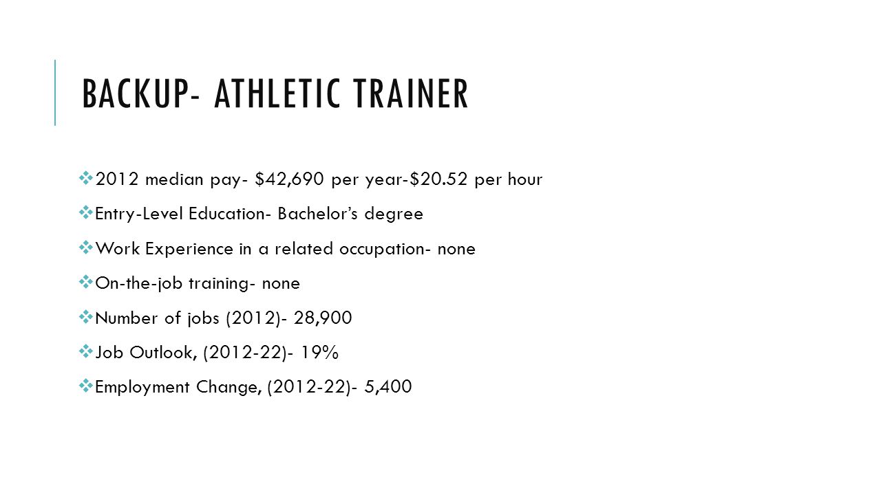 BACKUP- ATHLETIC TRAINER  2012 median pay- $42,690 per year-$20.52 per hour  Entry-Level Education- Bachelor’s degree  Work Experience in a related occupation- none  On-the-job training- none  Number of jobs (2012)- 28,900  Job Outlook, ( )- 19%  Employment Change, ( )- 5,400