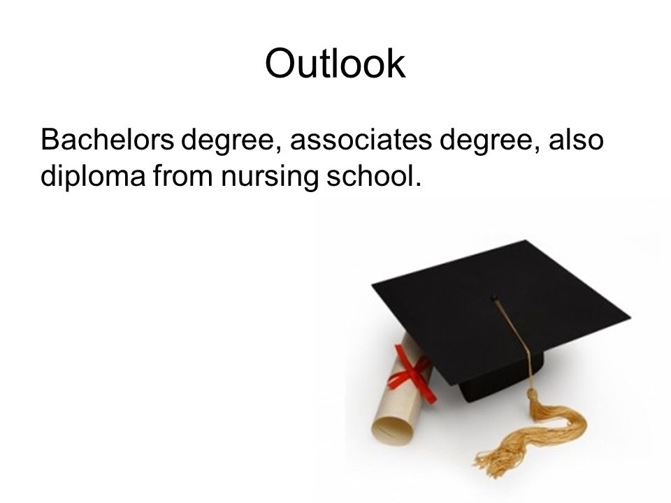 Outlook Bachelors degree, associates degree, also diploma from nursing school.