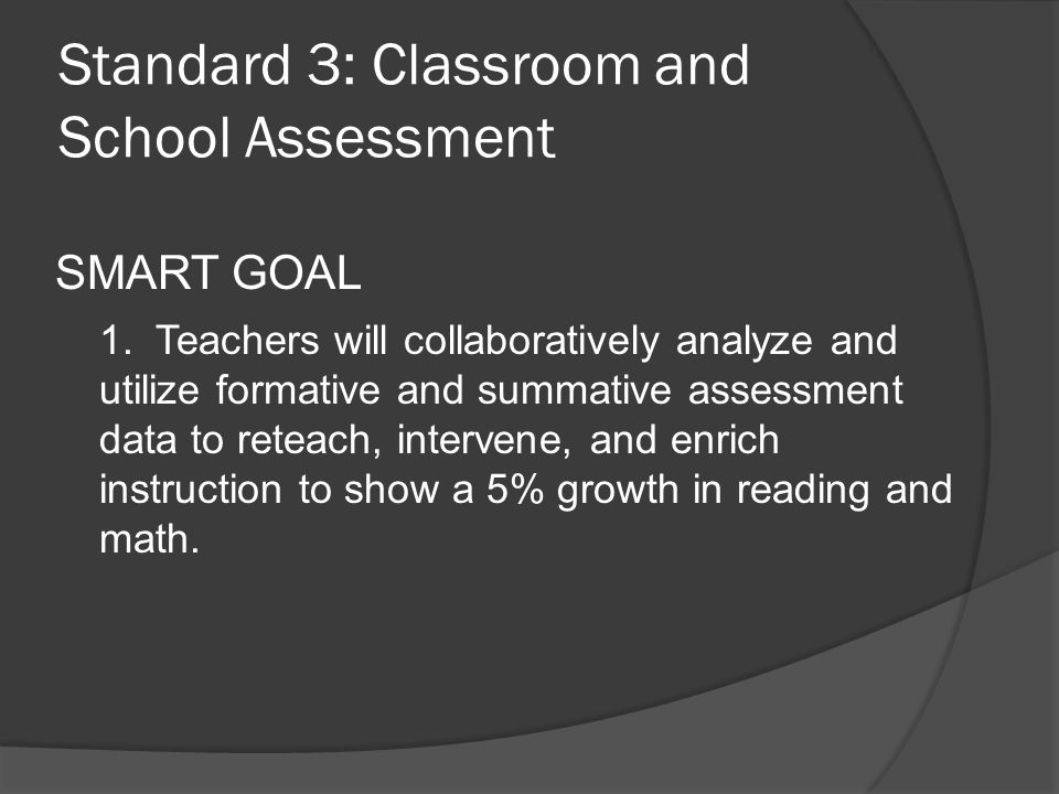 Standard 3: Classroom and School Assessment SMART GOAL 1.