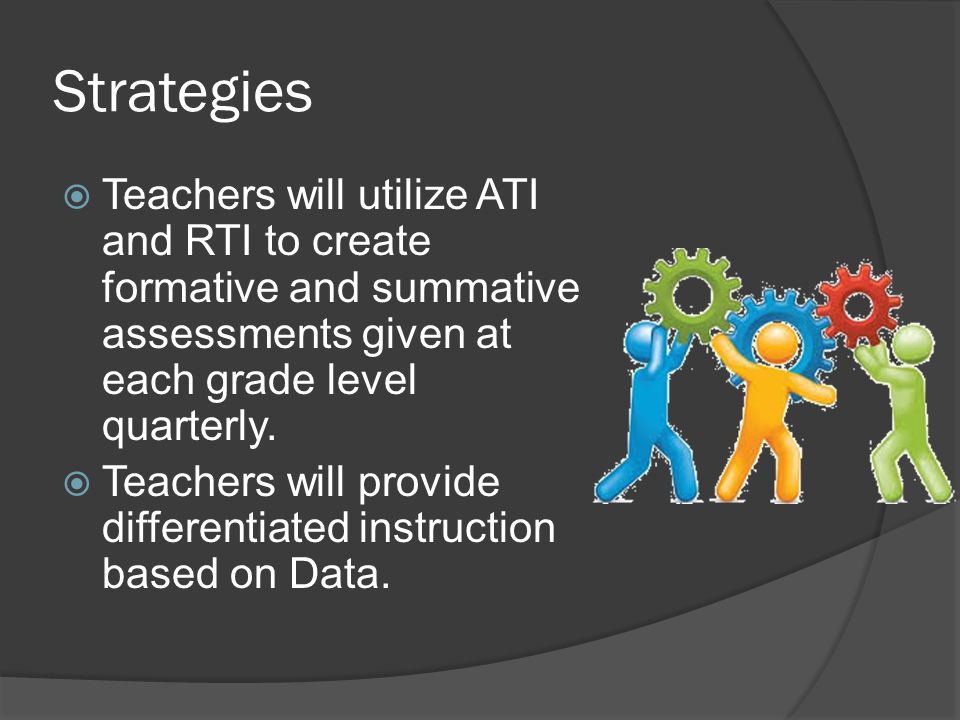 Strategies  Teachers will utilize ATI and RTI to create formative and summative assessments given at each grade level quarterly.