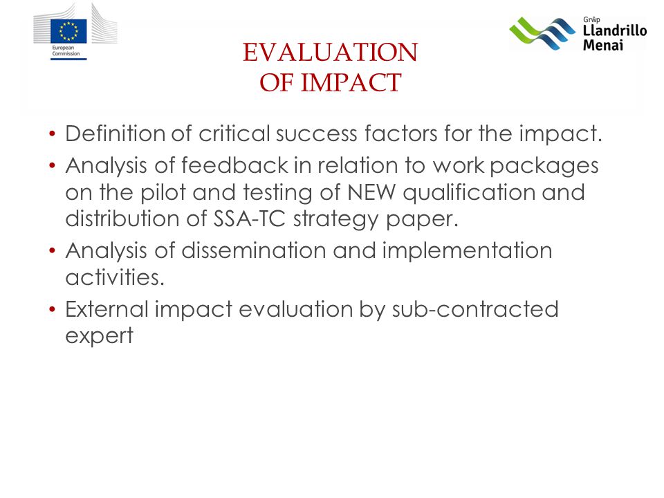 EVALUATION OF IMPACT Definition of critical success factors for the impact.