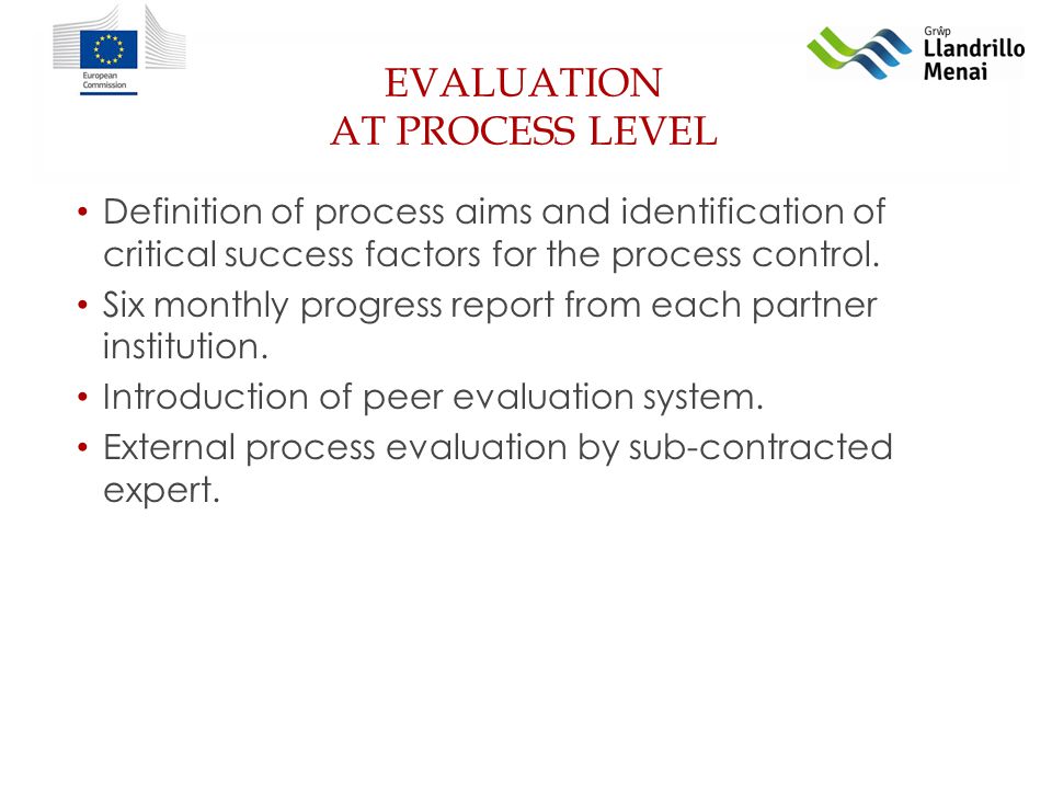 EVALUATION AT PROCESS LEVEL Definition of process aims and identification of critical success factors for the process control.