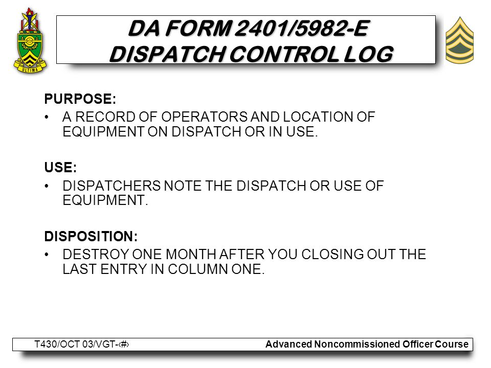advanced noncommissioned officer course t430 oct 03 vgt 1 da form 2401 dispatch