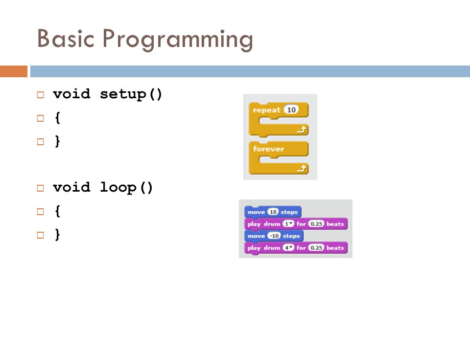 Basic Programming  void setup()  {  }  void loop()  {  }