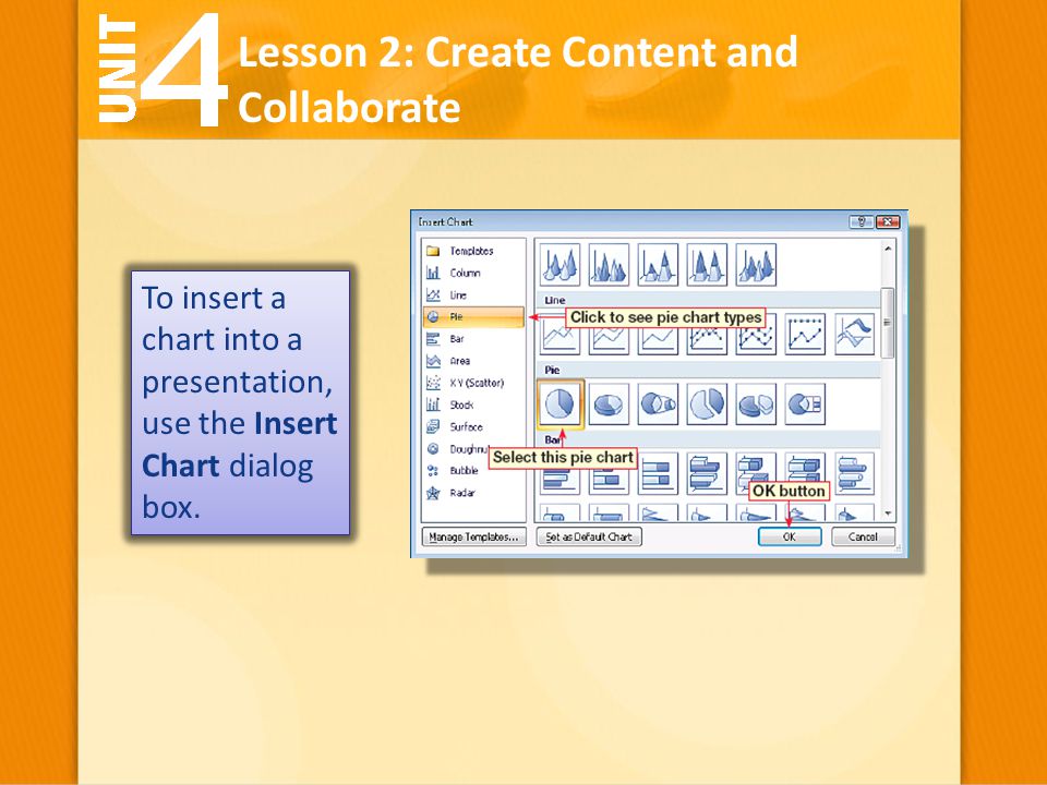 To insert a chart into a presentation, use the Insert Chart dialog box.