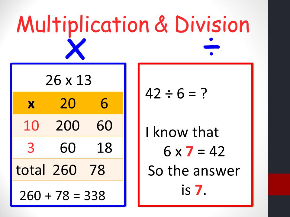 Multiplication & Division x÷ 66 x total x = ÷ 6 = .