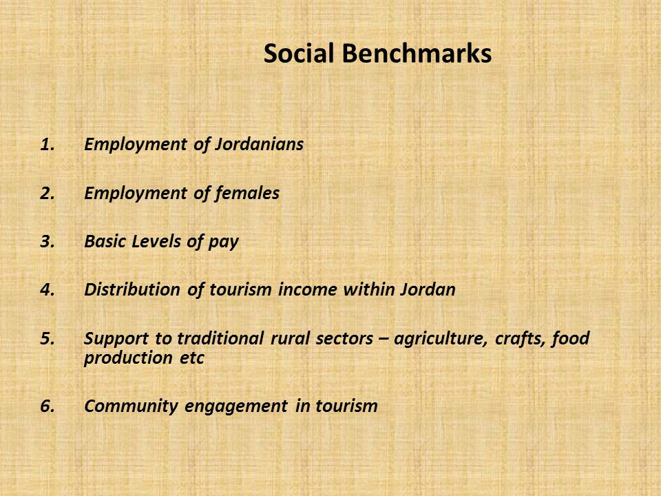 Social Benchmarks 1.Employment of Jordanians 2.Employment of females 3.Basic Levels of pay 4.Distribution of tourism income within Jordan 5.Support to traditional rural sectors – agriculture, crafts, food production etc 6.Community engagement in tourism