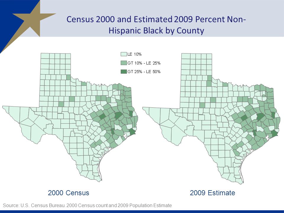 2000 Census2009 Estimate Census 2000 and Estimated 2009 Percent Non- Hispanic Black by County Source: U.S.