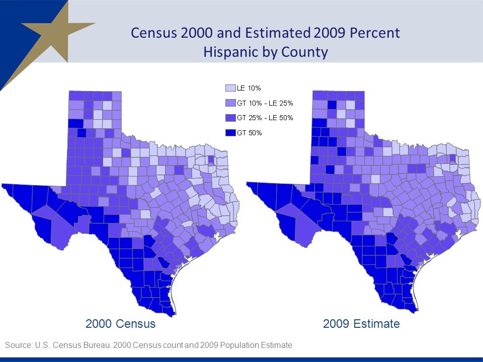 Census 2000 and Estimated 2009 Percent Hispanic by County 2000 Census2009 Estimate Source: U.S.