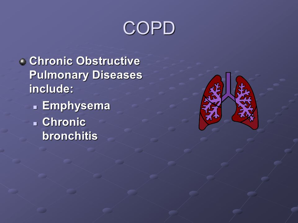 COPD Chronic Obstructive Pulmonary Diseases include: Emphysema Emphysema Chronic bronchitis Chronic bronchitis