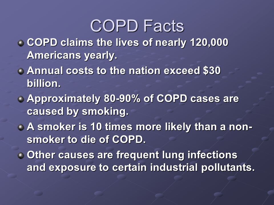 COPD Facts COPD claims the lives of nearly 120,000 Americans yearly.