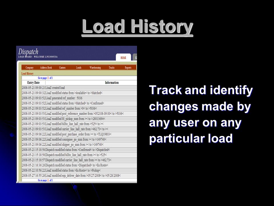 Load History Track and identify changes made by any user on any particular load