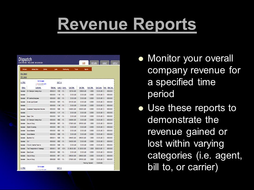 Revenue Reports Monitor your overall company revenue for a specified time period Use these reports to demonstrate the revenue gained or lost within varying categories (i.e.