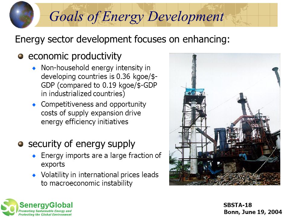 SBSTA-18 Bonn, June 19, 2004 Goals of Energy Development economic productivity Non-household energy intensity in developing countries is 0.36 kgoe/$- GDP (compared to 0.19 kgoe/$-GDP in industrialized countries) Competitiveness and opportunity costs of supply expansion drive energy efficiency initiatives security of energy supply Energy imports are a large fraction of exports Volatility in international prices leads to macroeconomic instability Energy sector development focuses on enhancing: