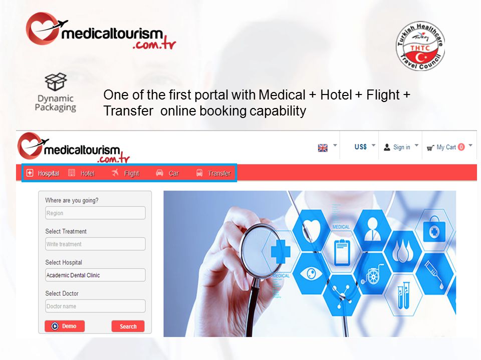 One of the first portal with Medical + Hotel + Flight + Transfer online booking capability