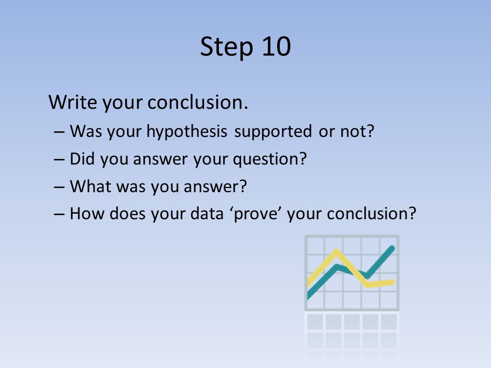 Step 10 Write your conclusion. – Was your hypothesis supported or not.