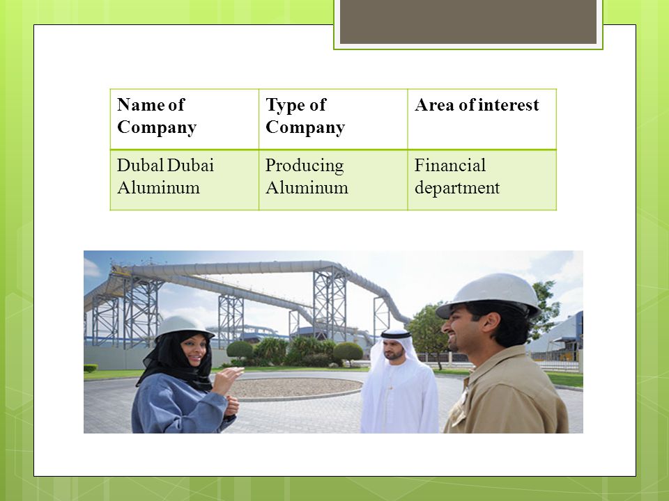 Name of Company Type of Company Area of interest Dubal Dubai Aluminum Producing Aluminum Financial department