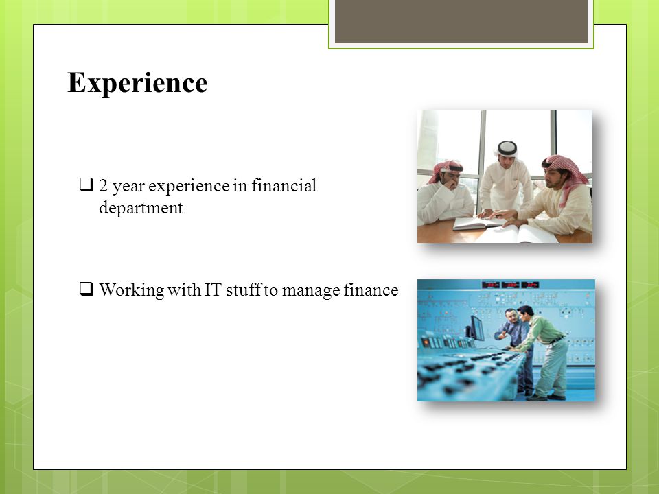 Experience  2 year experience in financial department  Working with IT stuff to manage finance