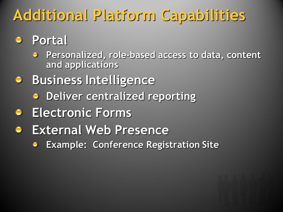 Additional Platform Capabilities Portal Personalized, role-based access to data, content and applications Business Intelligence Deliver centralized reporting Electronic Forms External Web Presence Example: Conference Registration Site