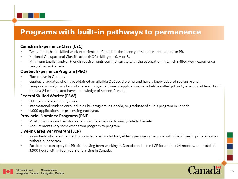 Canadian Experience Class (CEC) Twelve months of skilled work experience in Canada in the three years before application for PR.