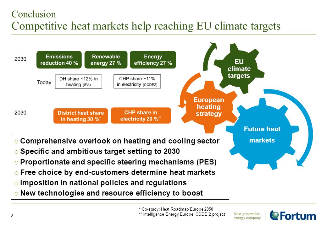 Future heat markets European heating strategy EU climate targets Conclusion Competitive heat markets help reaching EU climate targets 8 o Comprehensive overlook on heating and cooling sector o Specific and ambitious target setting to 2030 o Proportionate and specific steering mechanisms (PES) o Free choice by end-customers determine heat markets o Imposition in national policies and regulations o New technologies and resource efficiency to boost * Co-study: Heat Roadmap Europe 2050 ** Intelligence Energy Europe: CODE 2 project