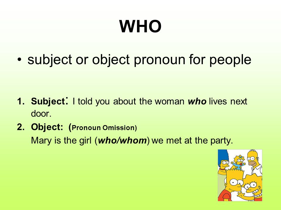 WHO subject or object pronoun for people 1.Subject : I told you about the woman who lives next door.