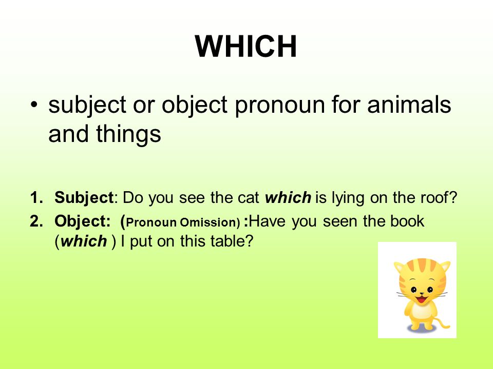 WHICH subject or object pronoun for animals and things 1.Subject: Do you see the cat which is lying on the roof.