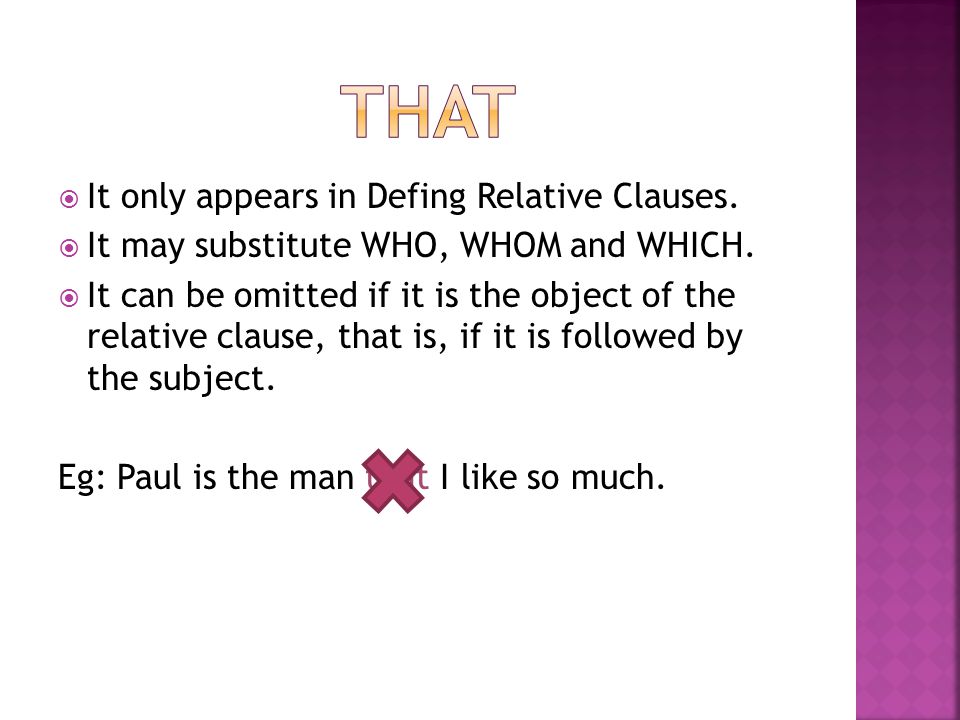  It only appears in Defing Relative Clauses.  It may substitute WHO, WHOM and WHICH.
