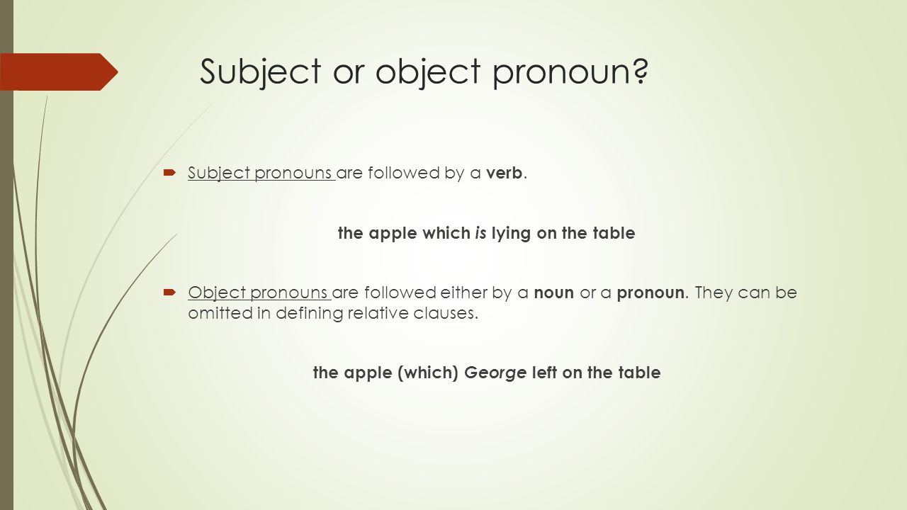 Subject or object pronoun.  Subject pronouns are followed by a verb.