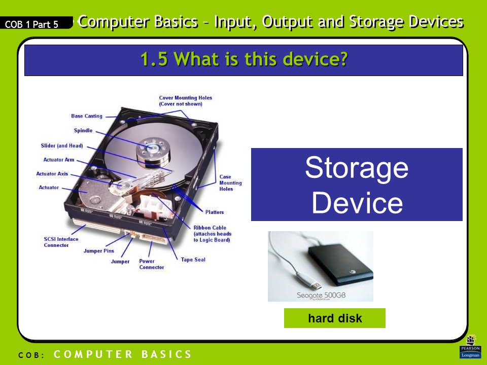 Computer Basics – Input, Output and Storage Devices C O B : C O M P U T E R B A S I C S COB 1 Part 5 Storage Device hard disk 1.5 What is this device