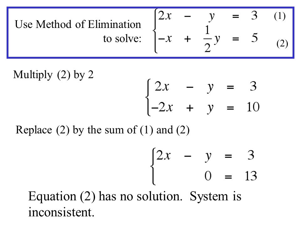 Multiply (2) by 2 Replace (2) by the sum of (1) and (2) Equation (2) has no solution.