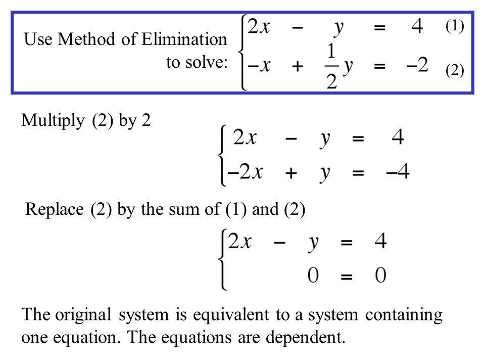 Multiply (2) by 2 Replace (2) by the sum of (1) and (2) The original system is equivalent to a system containing one equation.