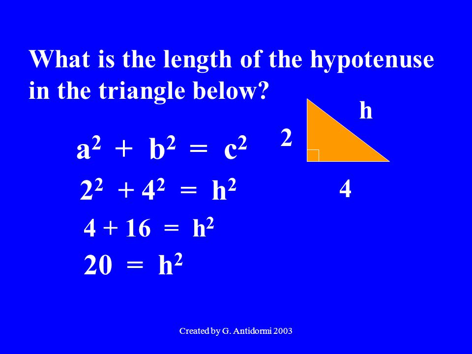 Created by G. Antidormi 2003 What is the length of the hypotenuse in the triangle below.