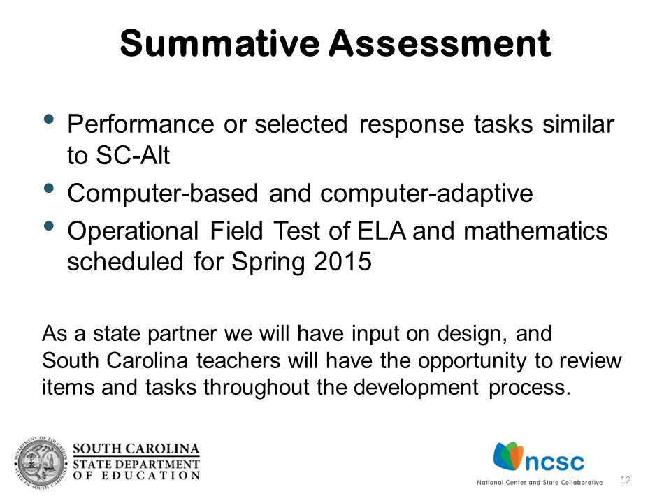 Performance or selected response tasks similar to SC-Alt Computer-based and computer-adaptive Operational Field Test of ELA and mathematics scheduled for Spring 2015 As a state partner we will have input on design, and South Carolina teachers will have the opportunity to review items and tasks throughout the development process.