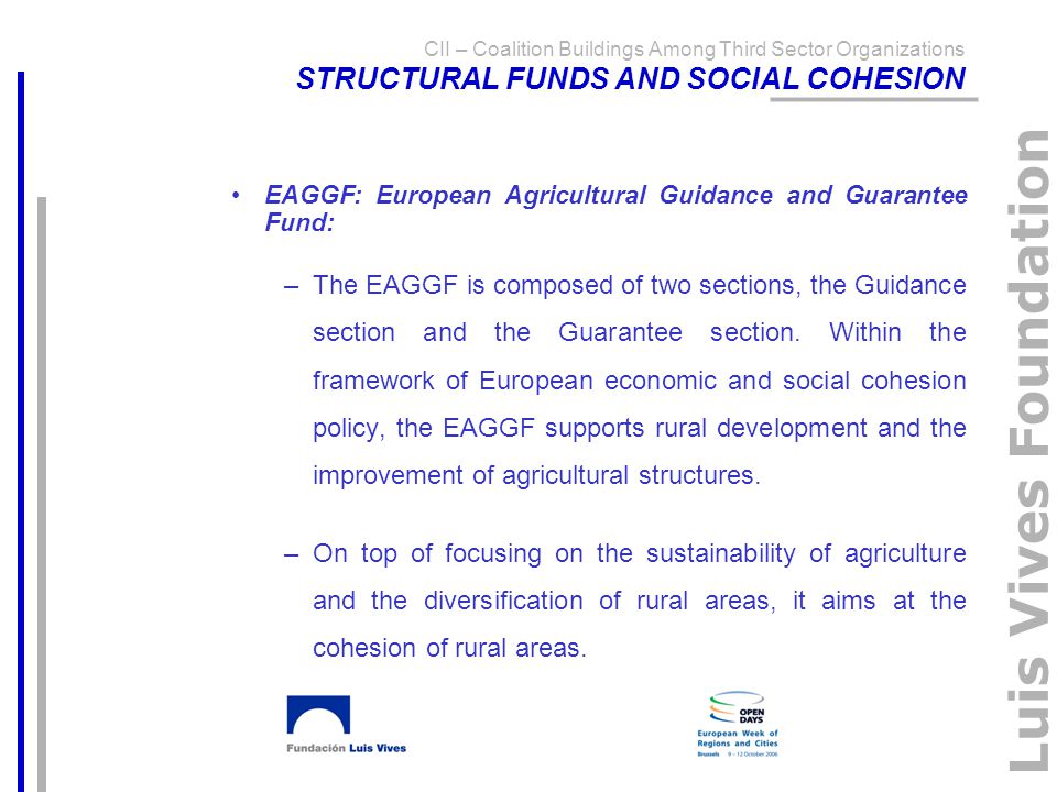 Luis Vives Foundation EAGGF: European Agricultural Guidance and Guarantee Fund: –The EAGGF is composed of two sections, the Guidance section and the Guarantee section.