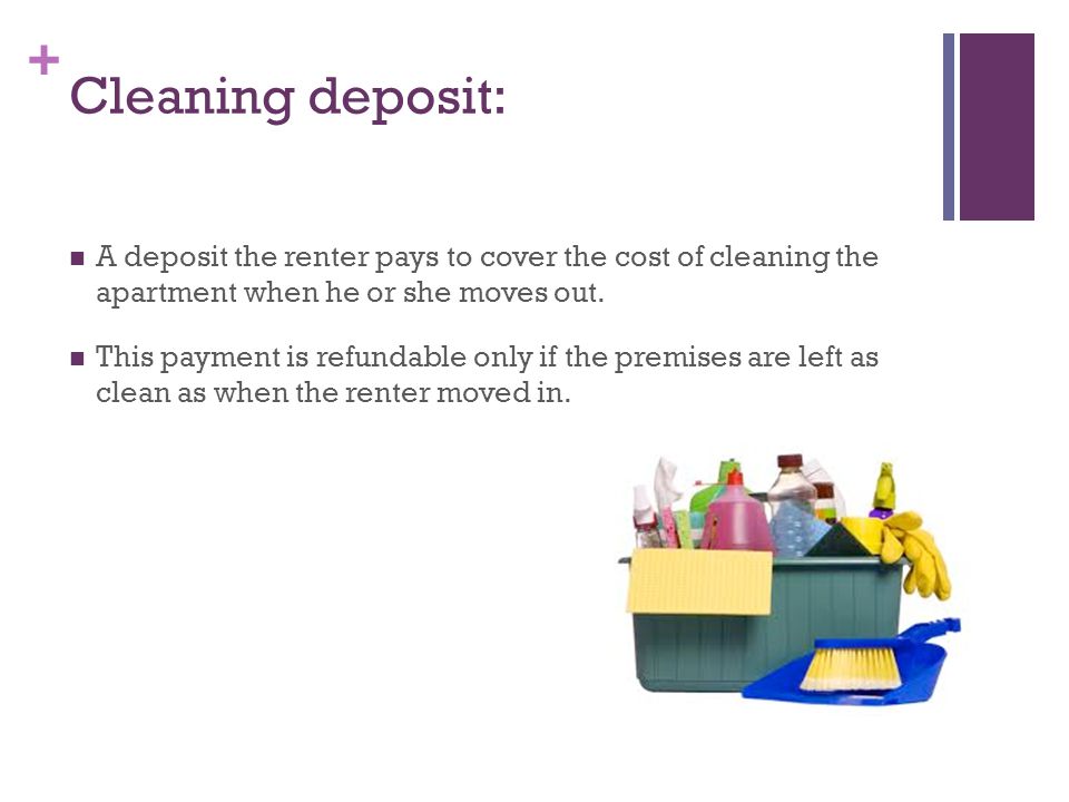 + Cleaning deposit: A deposit the renter pays to cover the cost of cleaning the apartment when he or she moves out.
