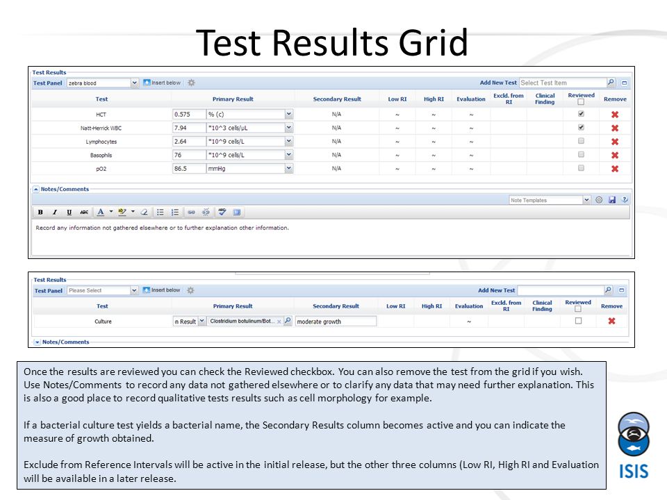 Test Results Grid Once the results are reviewed you can check the Reviewed checkbox.